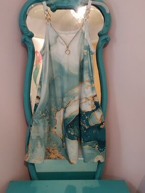 Teal Marble-Print Midi Slip Dress with Gold Accents